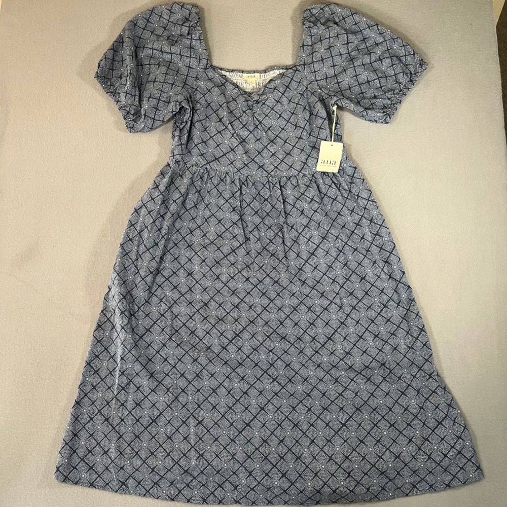 a.n.a A New Approach Blue Geometric Linen Blend Puff Sleeve Midi Dress Large NWT